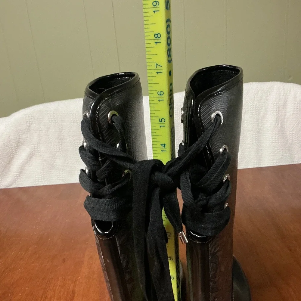 Coach Tristee Rain Boots Black Signature Monogram Lace Up Tall Women 9B A0011
